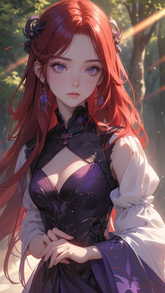 work of art, best qualityer, ultra epic details, (long scarlet red hair), purple iris eyes, Chinese hair, (surrounded by purple rays), black leagwear, forest in the background, rosto angelical ((Face ultra detailed)), (perfects eyes), frowning eyes, tied up hair, flushed skin