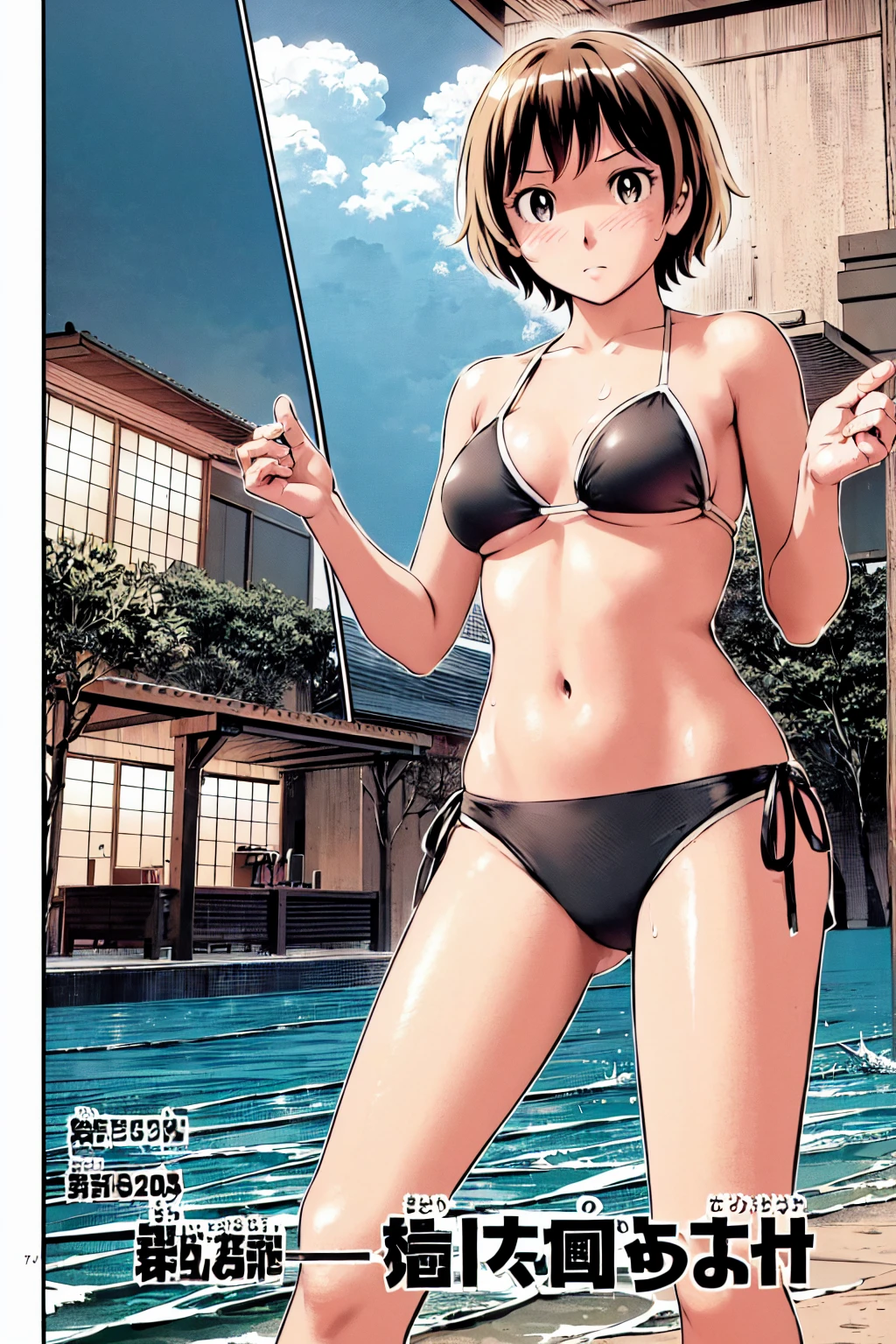、(masterpiece、Highest quality)、Highest quality, Ultra-high resolution, (((masterpiece))), alone, Sweat、Big eyes, Composition from the front、Shortcuts、Embarrassed face、Bronze colored hair、Cut your hair short、Ocean、beach、Black Micro Bikini、belly button、short hair