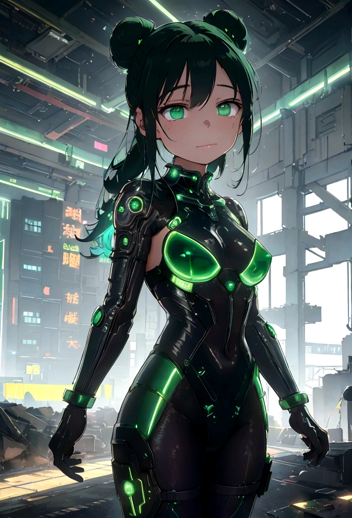 Chinese hair ornament, double bun hairstyle, hair buns with decorative covers,Iridescent arm parts, rainbow colors, prisms,Low - Angle、 Emerald green eyes、Part of the clothing is see-through、Cinematic angles、optical fiber、Connected Cord、Illuminated parts See-through parts、Cyberpunk cityscape, young woman with long black hair wearing an emerald green powered exosuit, standing in a contemplative pose amidst the neon-lit ruins, textured digital art with muted tones and subtle ambient noise, detailed and intricate illustration, dystopian and gritty yet beautiful, a glimmer of hope in the decay,Fish Girl in Sci-fi translucent mechanical bikini ++,The bikini is see-through and sparkly,Iridescent arm parts, rainbow colors, prisms,Low - Angle、 Emerald green eyes、Part of the clothing is see-through、Cinematic angles、optical fiber、Connected Cord、Illuminated parts See-through parts、Cyberpunk cityscape, young woman with long black hair wearing an emerald green powered exosuit, standing in a contemplative pose amidst the neon-lit ruins, textured digital art with muted tones and subtle ambient noise, detailed and intricate illustration, dystopian and gritty yet beautiful, a glimmer of hope in the decay,Fish Girl in Sci-fi translucent mechanical bikini ++,The bikini is see-through and sparkly