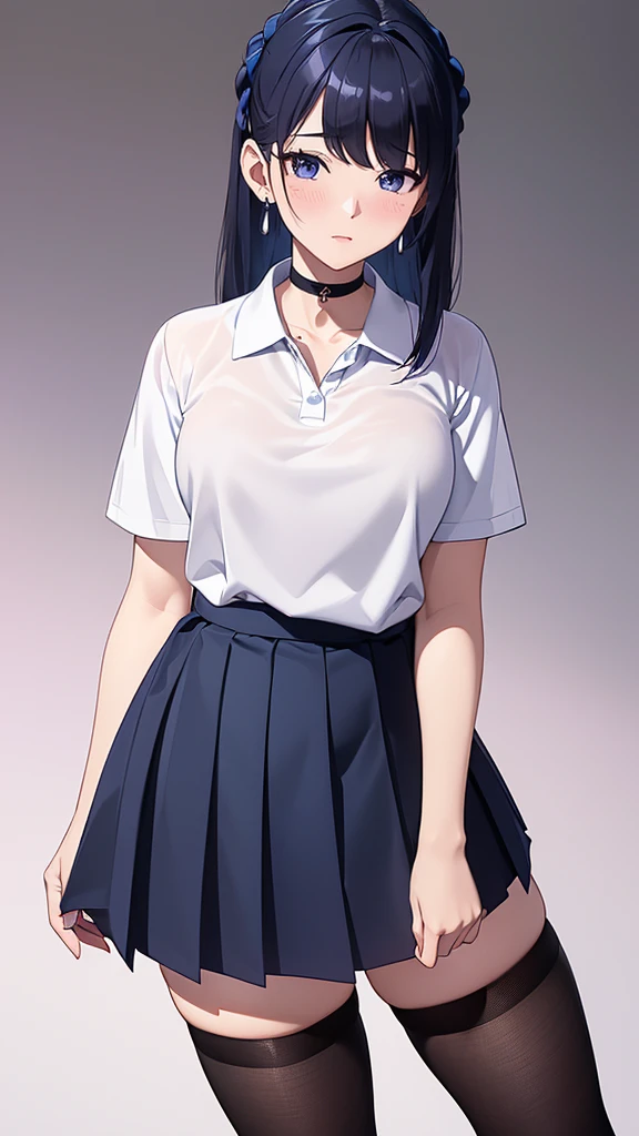 ((8K resolution))、((highest quality))、((masterpiece))、((Very detailed))((((dramatic))), (Anatomically correct)、((theme、whole body:1.1)), The depth of the object to write、Looking at the camera、front、one person、Gal、JK、blush、Polo shirt、Pleated skirt、Scrunchie、Earrings、Blue choker、Black thigh-high socks、(Hairstyle:Gradient Hair)