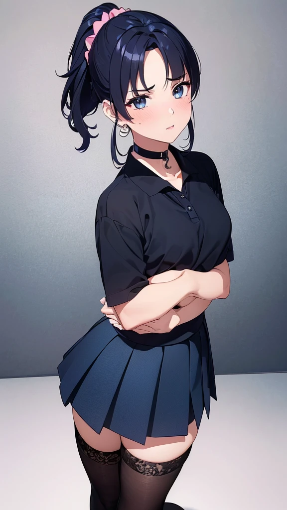 ((8K resolution))、((highest quality))、((masterpiece))、((Very detailed))((((dramatic))), (Anatomically correct)、((theme、whole body:1.1)), The depth of the object to write、Looking at the camera、front、one person、Gal、JK、blush、Polo shirt、Pleated skirt、Scrunchie、Earrings、Blue choker、Black thigh-high socks、(Hairstyle:Gradient Hair)