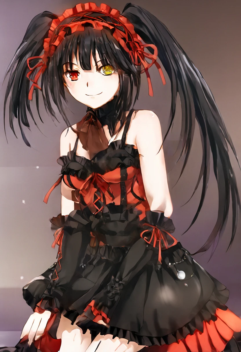 ultra-detailed,highly detailed,best quality,masterpiece,illustration, 
The image is another digital artwork of an anime-style girl. She has twin ponytails and heterochromatic eyes, with one red and one yellow. She is wearing a black hoodie with cat ears and a white dress or long shirt underneath. The girl has a choker with a bell around her neck and a slightly blushing expression. She is sitting on a bed, with her knees drawn up and hands near her face, giving a shy or bashful appearance. In the background, there is a pillow with a cute, smiling cat face, and a potted plant can be seen near the window. 