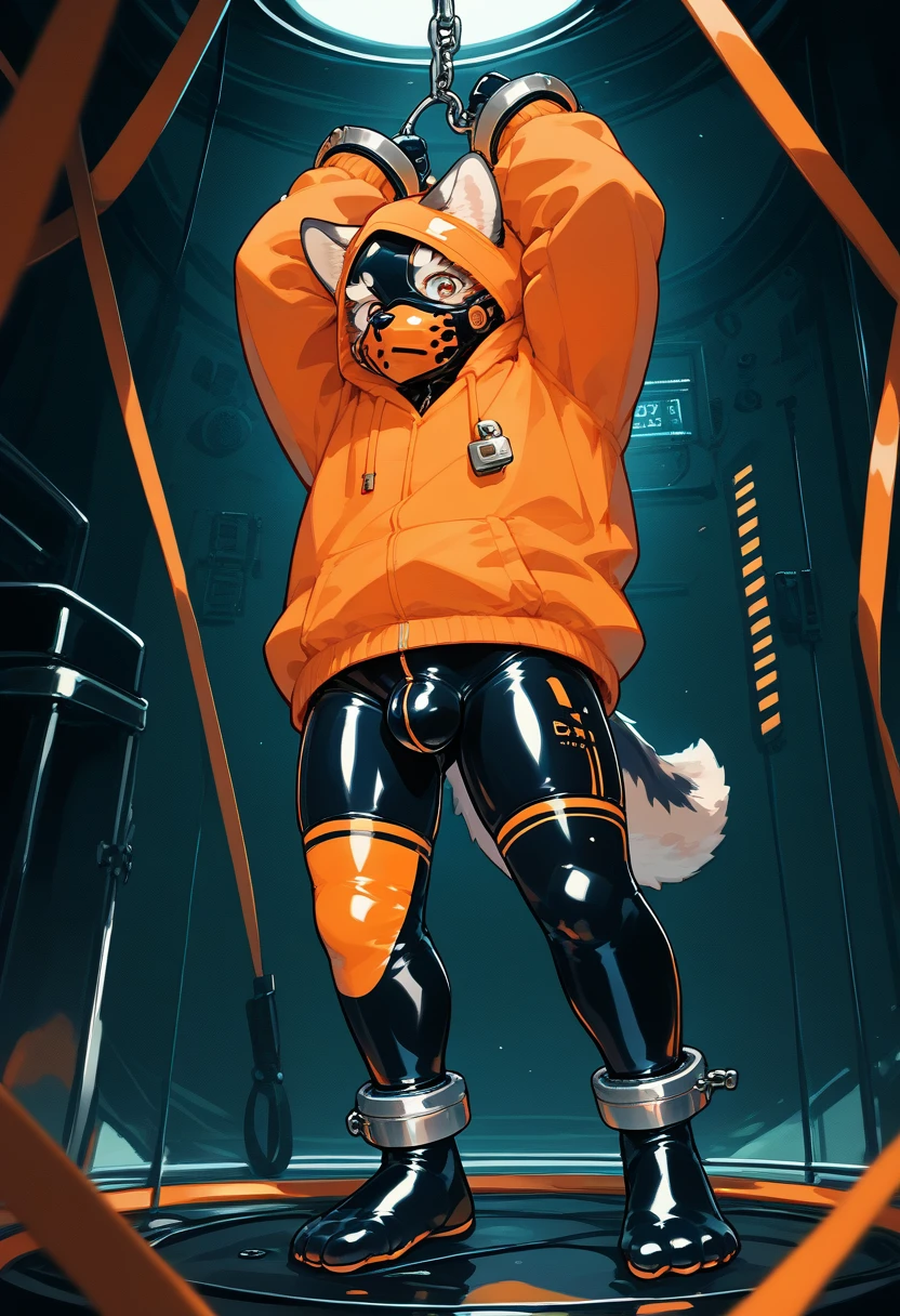 Highest quality, Highest quality, High quality illustrations, masterpiece, Ultra-high resolution, Detailed Background, In the cage, Absurd, Perfect Anatomy, performance, Good lighting, Shadows in the movies(kemono, Furry Personifi猫ion), Dark Skin, Rubber suit, Rubber suit, latex, Neon color, Black rubber spats, Orange rubber hoodie,  Rubber mask, ribbon, Embarrassing, Null bulge, Restrained by shackles, first round, Lock, Prisoner, male, juvenile