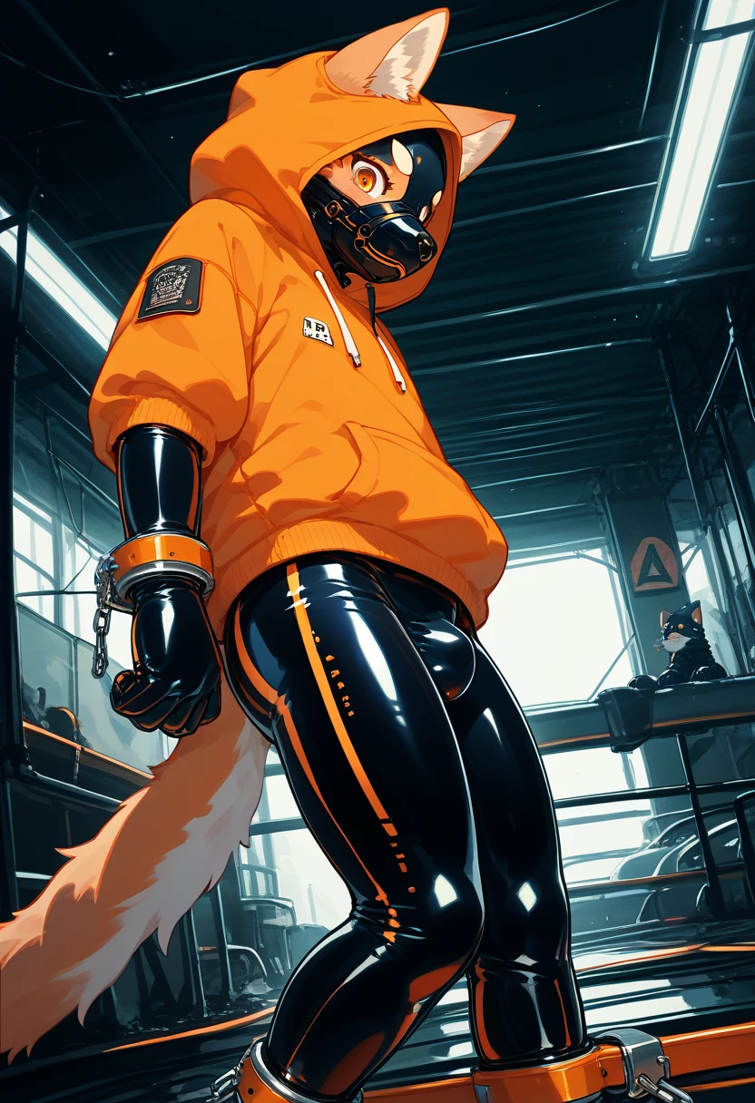 Highest quality, Highest quality, High quality illustrations, masterpiece, Ultra-high resolution, Detailed Background, In the cage, Absurd, Perfect Anatomy, performance, Good lighting, Shadows in the movies(kemono, Furry Personifi猫ion), Dark Skin, Rubber suit, Rubber suit, latex, Neon color, Black rubber spats, Orange rubber hoodie, Rubber mask, ribbon, Embarrassing, Null bulge, Restrained by shackles, first round, Lock, Prisoner, male, juvenile