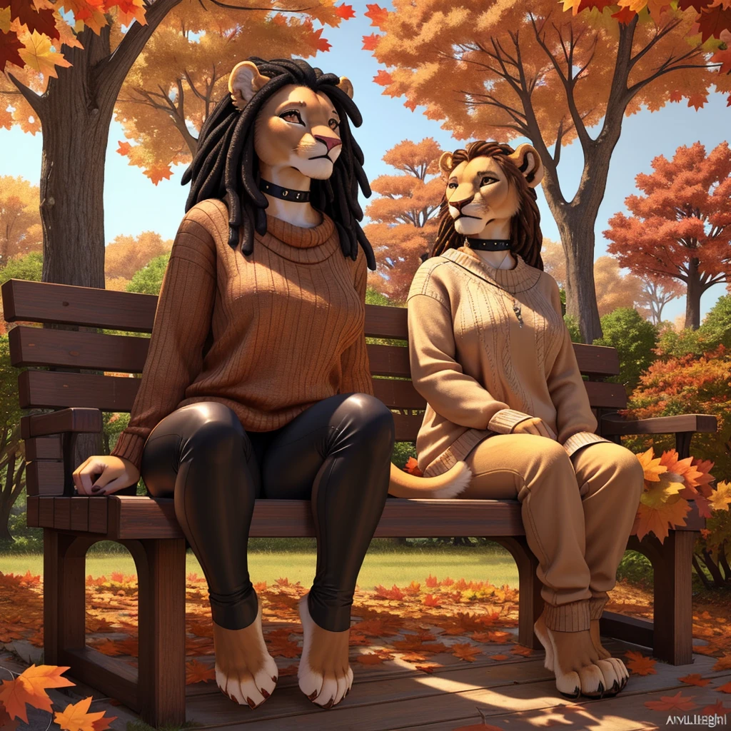highly detailed hands, (four toes), full body, photo, (hyper realistic, 8k, top quality:1.2), (high details, extremely detailed, absurdres), masterpiece, beautiful and aesthetic, (white furry anthro lion female:1.3), muscular, curvy, (bushy_tail:1.3), ((brown sweater, [black leggins], (toeless)_(kneehigh):1.4)), (black dreadlocks hairs with decorations:1.2), (realistic fur:1.5), (big bright brown eyes, intricate eye detail), eyeliners, average size breasts, black_choker_with_(emerald_pendant), (earrings:0.9), bracelets, sitting on wooden [park_bench::29], smiling, (autumn leaves flying in air, wind:1.2), day, (highly detailed autumn garden:1.1), plants, (trees), autumn flowers, leaves, realistic shading, warm lighting, ultra detailed facial features, intricate details