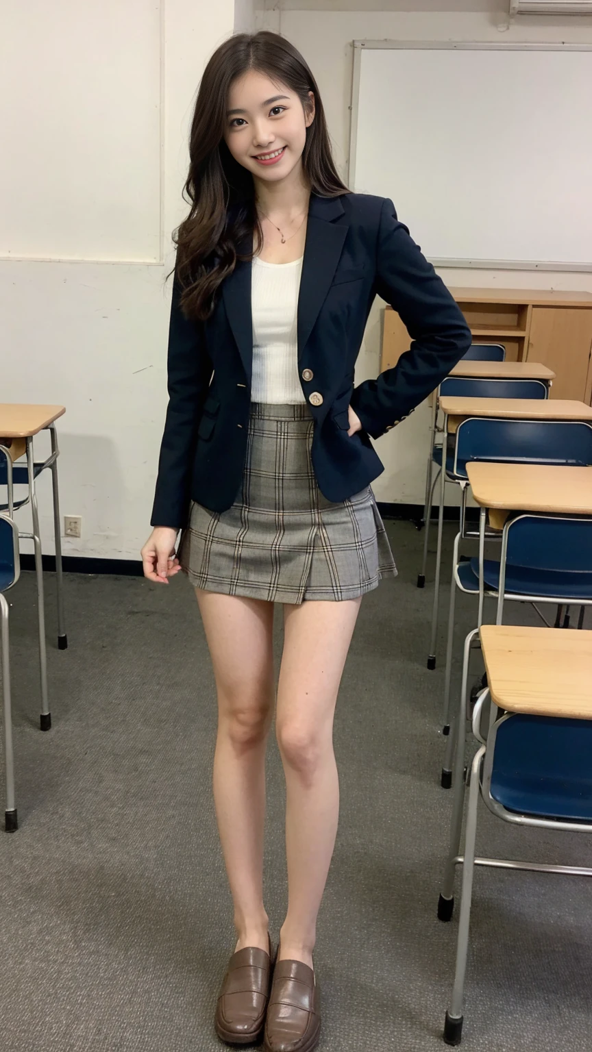 School classroom,One cute girl,Japanese ,Dark Blue Blazer,Blue checked mini skirt,18-year-old,Short brown hair with side waves,The best smile,Thighs,knees,Slender girl,Thighsを広げてしゃがんでいる:1.5,my skin is beautiful,Wear black loafers,