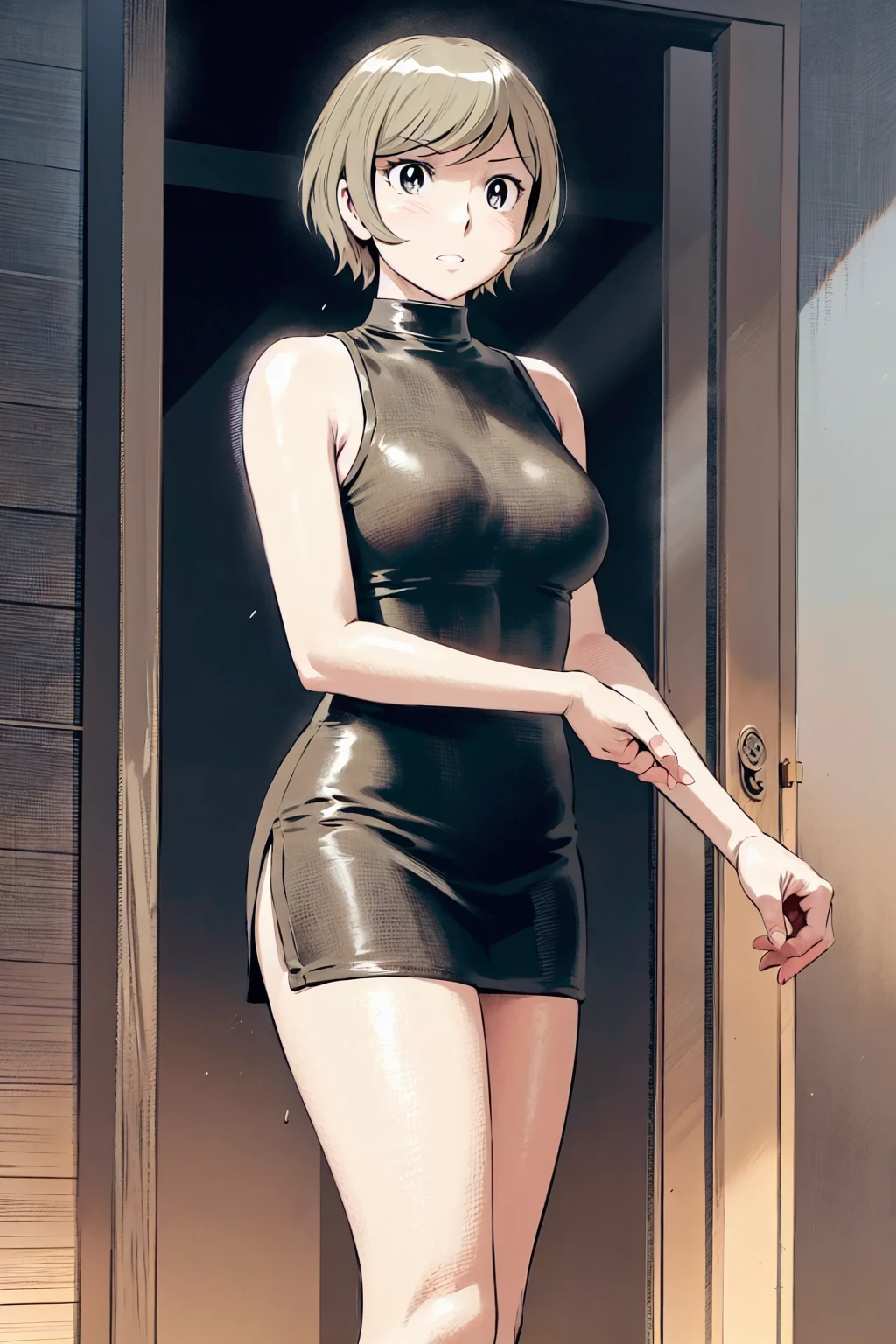、(masterpiece、Highest quality)、Highest quality, Ultra-high resolution, (((masterpiece))), alone, Sweat、Big eyes, Sleeveless、Outdoor、Floral Dress、turtleneck、Tight clothing、skirt、Composition from the front、(後ろCut your hair short、short hair、blonde、woman)、Shortcuts、Embarrassed face、Cut your hair short、可愛いwomanの子、Big Breasts