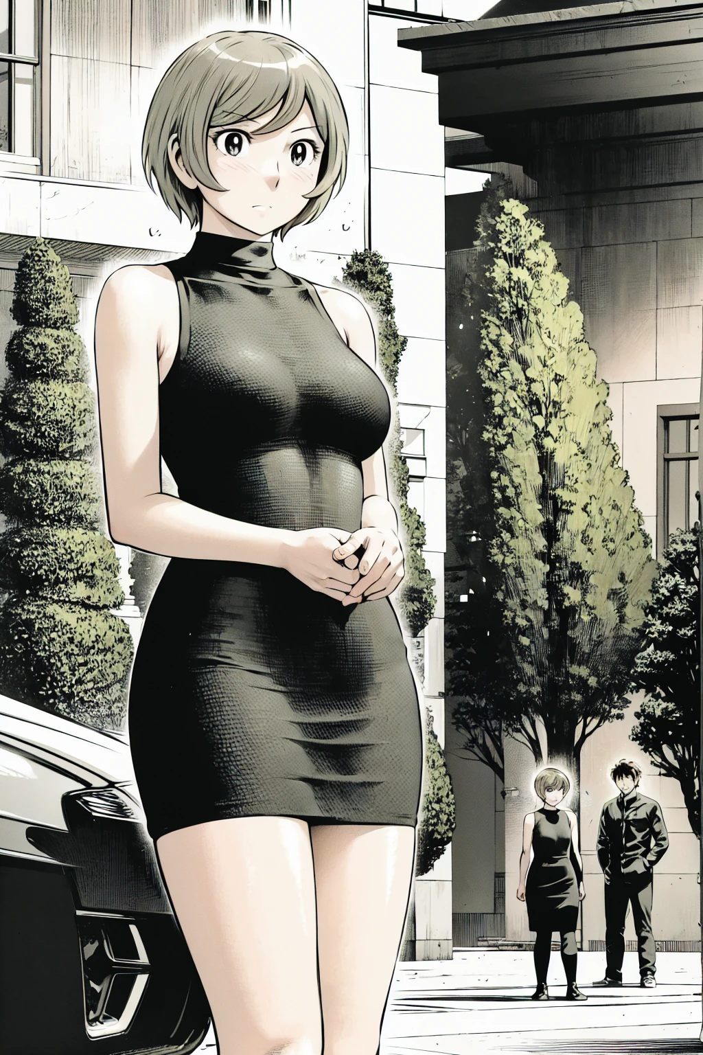 、(masterpiece、Highest quality)、Highest quality, Ultra-high resolution, (((masterpiece))), alone, Sweat、Big eyes, Sleeveless、Outdoor、Floral Dress、turtleneck、Tight clothing、skirt、Composition from the front、(後ろCut your hair short、short hair、blonde、woman)、Shortcuts、Embarrassed face、Cut your hair short、可愛いwomanの子、Big Breasts