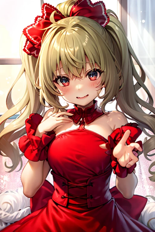Tabletop, Highest quality, One Girl,Flanders Scarlet,Blonde side ponytail、It has colorful feathers、Red dress、Take off、blush、H cup breasts、blush、Laughter、magical girl
