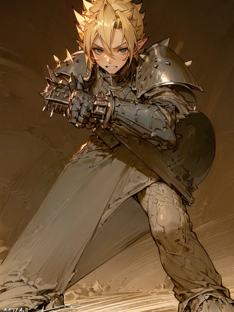 (((Masterpiece of the highest quality))), (((medieval fantasy))), (((Extreme details))), ((medieval fantasy swordsman)), ((based on cloud strife)), (medieval punk), ((fantasy great sword)), (((ultra detailed))), (((male))), ((male elf)), ((A 25 year old elf.))), (175 cm tall), ((blonde short spiky hair)), ((Brown eyes)), ((Exquisite and detailed face and eyes)), ((detailed expressive eyes)), ((Perfect eyes)), ((perfect detailed hands)), ((smiling rage expression)), ((medieval half steel half black letter armor)), ((holding a great broadsword in his hands)), ((detailed great sword)), (((4k))), ((Additional quality)), (Additional details), ((exquisite eyes)), ((dynamic battle pose)), ((battle Background)), ((cinematic lighting)), (((full body))), ((extreme care to detail)), ((movie effects)), (war zone background)