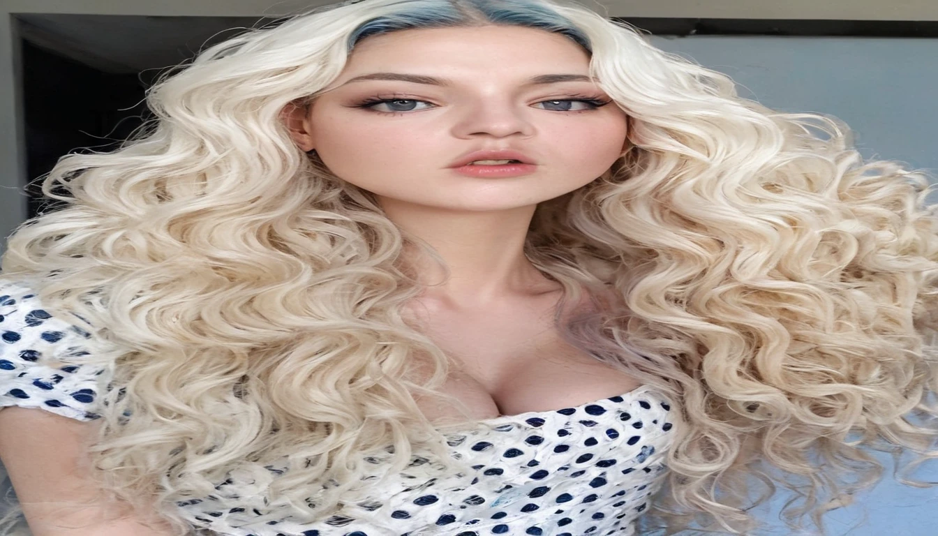 a woman with long blue hair and a sleeveless spaghetti strap top posing for a photo, white pants and yellow shoes with small heels, long curly light blue hair, long blue curly hair, blue curly hair | d & d, woman sitting with her hand on her head