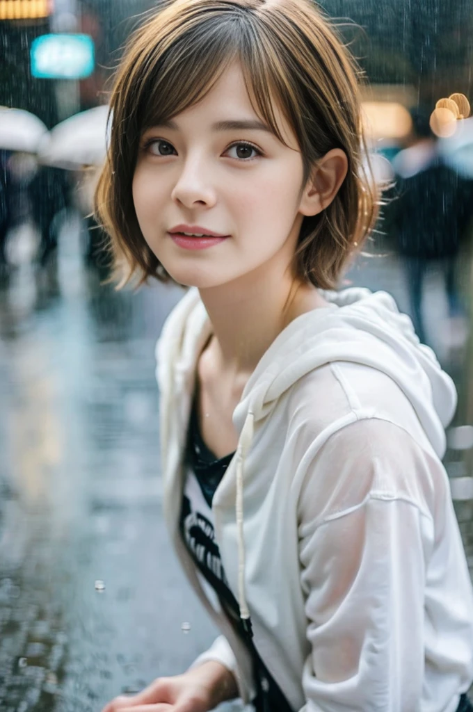 24year old beautiful girl、Half-Japanese beauty、Highest image quality、realistic、16K、beautiful woman、Very Short Hair、Pixie Cut、blondes、blondes、With bangs、Pretty slim、heavy rain、wet from heavy rain、In the middle of Shibuya、White hoodie、leggings、Wet in the rain、Heavy Rain、My hair got wet in the heavy rain、In heavy rain、A look asking for a kiss、Shooting from the sky、Full body、