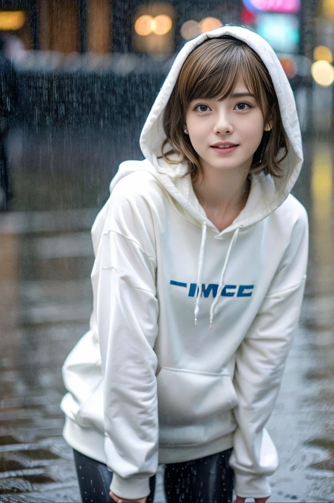 24year old beautiful girl、Half-Japanese beauty、Highest image quality、realistic、16K、beautiful woman、Very Short Hair、Pixie Cut、blondes、blondes、With bangs、Pretty slim、heavy rain、wet from heavy rain、In the middle of Shibuya、White hoodie、leggings、Wet in the rain、Heavy Rain、My hair got wet in the heavy rain、In heavy rain、A look asking for a kiss、Shooting from the sky、Full body、