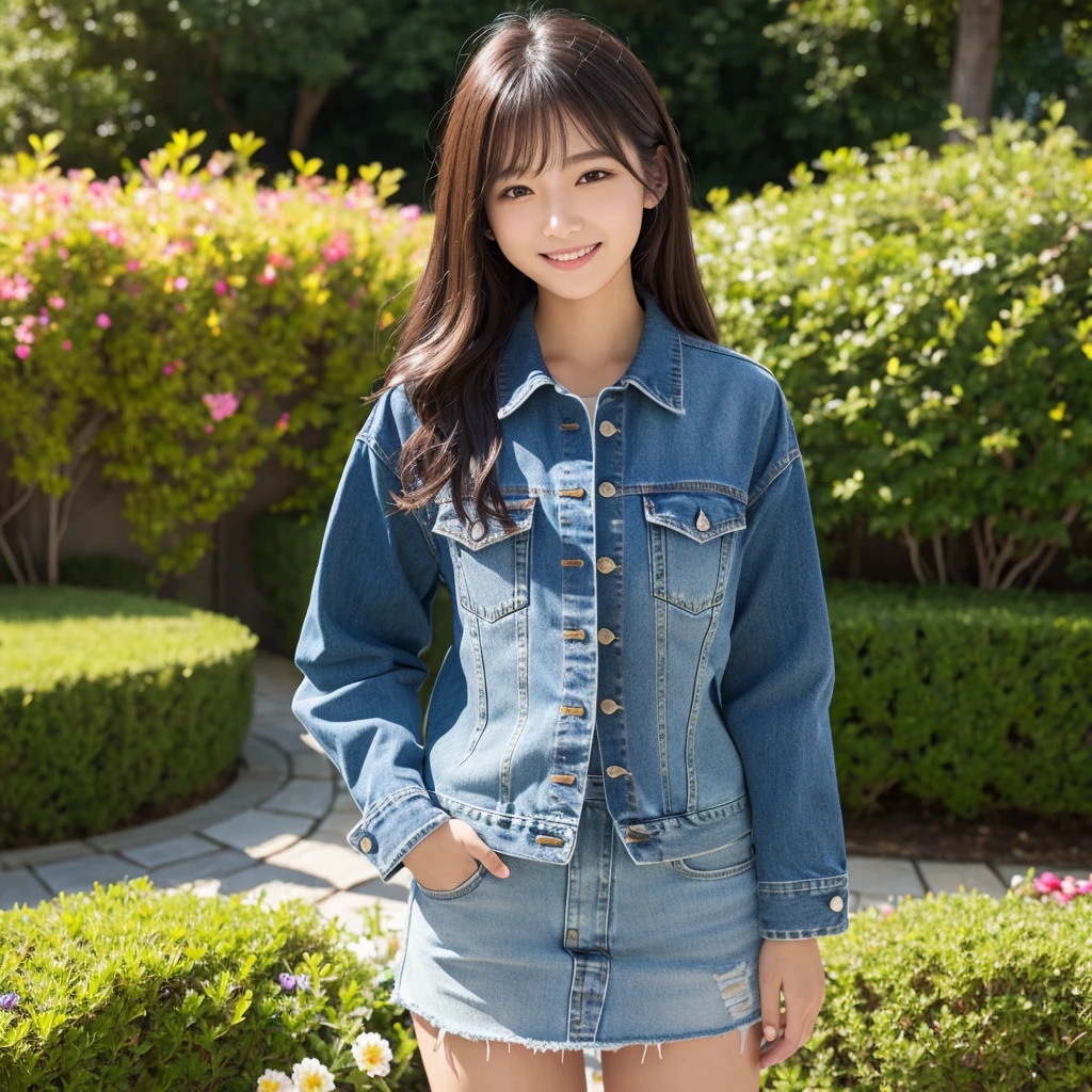 HD detailed, Super detailed, Realistic,Hyperrealism,Best image quality、Highest quality、masterpiece、Ultra-high resolution、Like the picture:1.5、Professional Lighting、One Girl、18-year-old,Japanese women,Long sleeve、Button up your collar、Wearing a skinny denim shirt and a denim skirt、A kind smile、Show the whole body、garden、View from the side