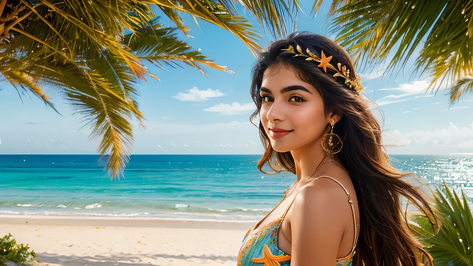 (((best quality))),(((ultra detailed))),(((masterpiece))),illustration,1 Pakistani girl, young, summer outfit, long hair, beach, sea, sky, sunny, overcast, horizon, sand, young girl, big huge breasts, joyful expression, love for life, summer elements,flowers, palm trees, seagulls, chirping cicadas, guitar sound, bird flight, rainbow, hope, dreams, gentle waves, marine accessories, shells, starfish, warm composition, idyllic, tranquil, vibrant image, leap from canvas, summer's essence, youthful spirit, captivating, charming