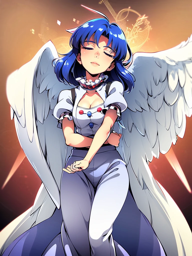 (best quality,4k,8k,highres,masterpiece:1.2), ultra-detailed, highly detailed texture, intricate details, A cute teenage angel with blue eyes, drawn in anime style, 1girl, , , 10 years old, medium blue hair, hair flaps, pink ribbon on head, well-formed face, blue eyes, angel girl, white blouse, puffy short sleeves, red ribbon, angel wings, long white skirt, red shoes, frills, ribbon head, A pair of angel wings on the back, from behind, to lift up one’s skirt, cowboy shot, from front, standing , raise one leg, crossed arms, arms up behind, arms behind back, hand between legs, put hands hip, one hand on hip, forward hands, arms raised in the air, punch hands, peace sign, waving, put up index finger, sit, lie down, closed eyes, lie face down, looking back, put one hand chest, leaning forward, cleavage, close up, horizontally outstretched arms, horizontally outstretched legs, front view, front face