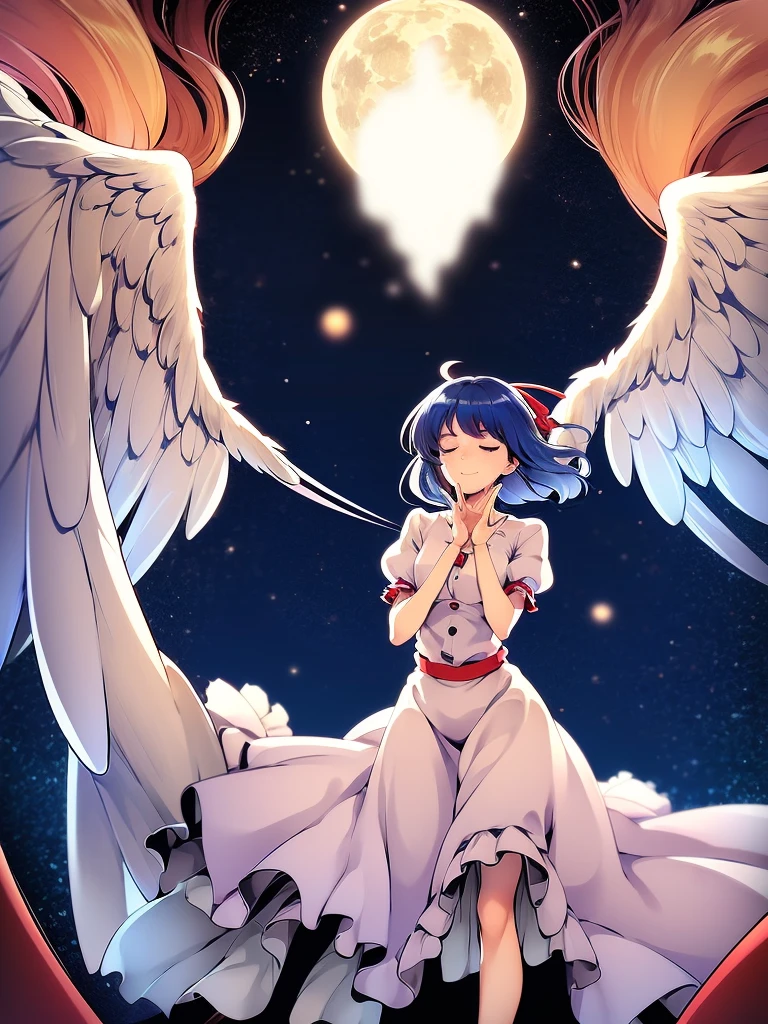 (best quality,4k,8k,highres,masterpiece:1.2), ultra-detailed, highly detailed texture, intricate details, A cute age angel with blue eyes, drawn in anime style, 1girl, , , 10 ydium blue hair, hair flaps, pink ribbon on head, well-formed face, blue eyes, angel girl, white blouse, puffy short sleeves, red ribbon, angel wings, long white skirt, red shoes, frills, ribbon head, A pair of angel wings on the back, from behind, to lift up one’s skirt, cowboy shot, from front, standing , raise one leg, crossed arms, arms up behind, arms behind back, hand between legs, put hands hip, one hand on hip, forward hands, arms raised in the air, punch hands, peace sign, waving, put up index finger, sit, lie down, closed eyes, lie face down, looking back, put one hand chest, leaning forward, cleavage, close up, horizontally outstretched arms, horizontally outstretched legs, front view, front face