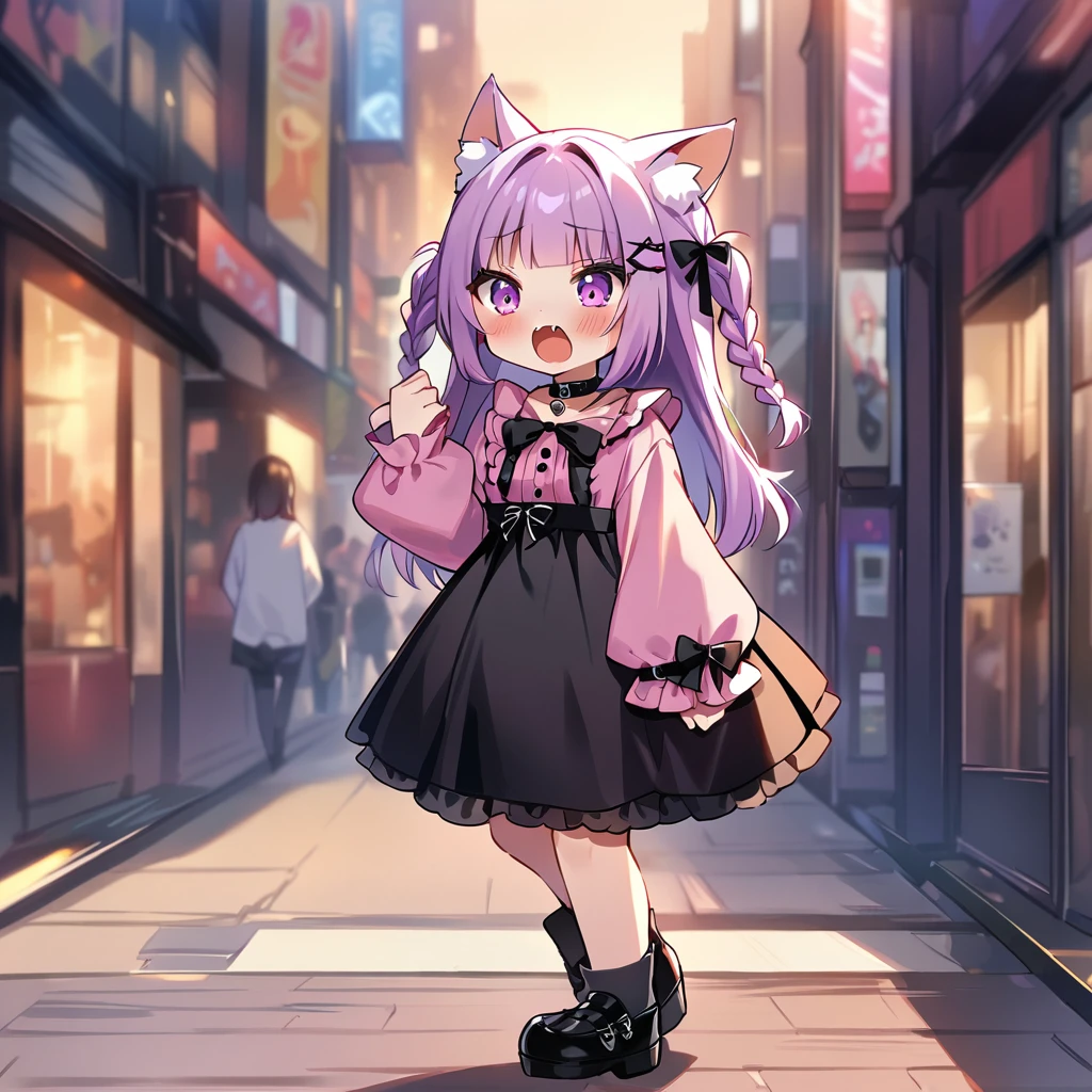 Top quality, masterpiece, chibi character, animal ear girl, peal purple and blunt bangs hair, twin braids, eyes closed, mouth wide open and screaming, blushing, smilng,fangs,(a girl with closs hair pin,
pink shirt,cosplay, jirai kei, bangs, black skirt, black bow, bow, long sleeves, choker, ribbon, :1.4),From the side, Walking slowly through Shibuya at sunset, staring at my feet, fullbody shot,