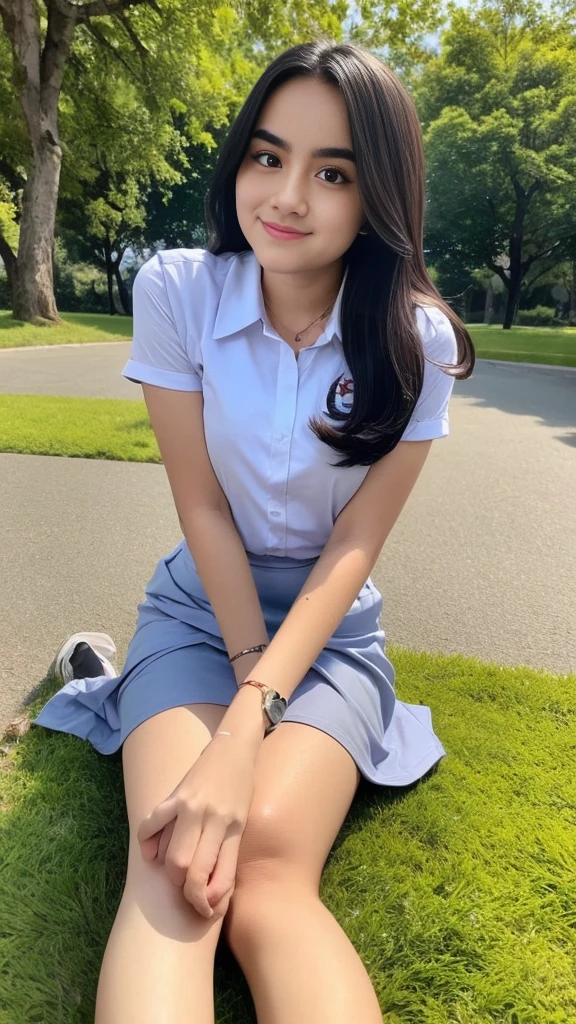 1girl, solo, in the middle of a park, sitting on the ground, 19-years-old-girl, (Indonesian_high_school_uniform), detailed face, detailed eyes, detailed skin, smooth skin, looking at Viewer, clear light, (8k, RAW photo, best quality, masterpiece: 1.4), (realistic, realistic: 1.37), ultra-high resolution, photorealistic, high resolution, realistic face, (detailed face), seductive pose, proportional body, full body view, sensual smile, wearing white shirt, wearing grey blue short skirt