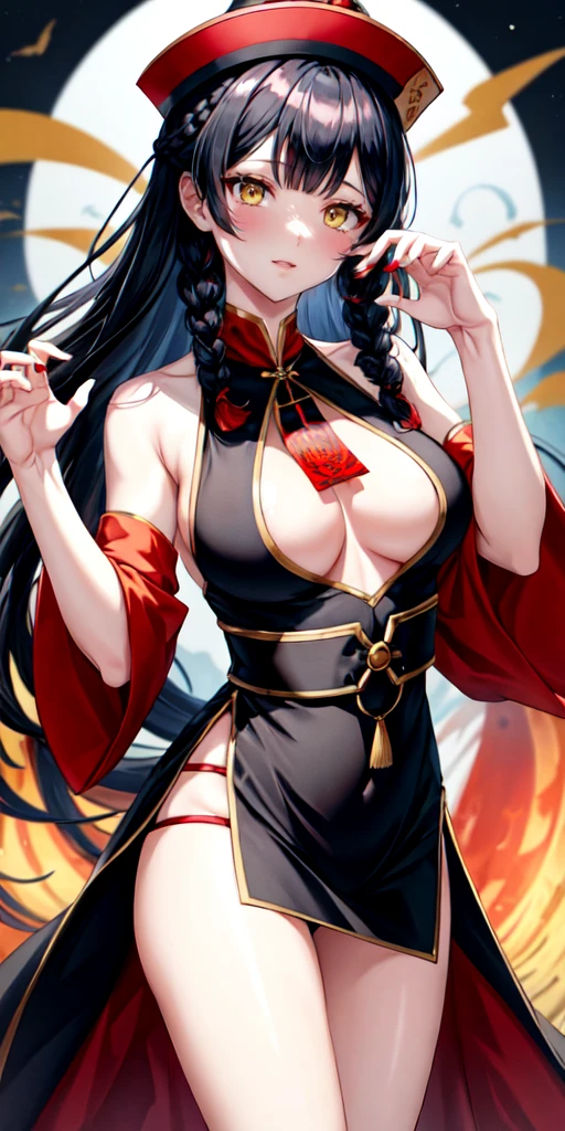 lora:flat:-1.2, masterpiece, best quality, 4k, 8k, 1 woman, solo, tall stature, long hair, blunt bangs, side braid, black hair, ugly face, bad face, bad eyes, droopy eyes, unclear eyes, ruby red eyes, lemon yellow eyes, pale skin, black eyeliner, black eye shadow, heterochromia, slender frame, sad, ofuda, jiangshi costume:1.2, fang, horror, coffin, forest, dark night, stormy weather, fog, from front, cowboy shot, look at viewer, paw pose,