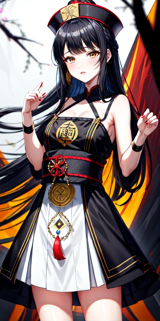 lora:flat:-1.2, masterpiece, best quality, 4k, 8k, 1 woman, solo, tall stature, long hair, blunt bangs, side braid, black hair, ugly face, bad face, bad eyes, droopy eyes, unclear eyes, ruby red eyes, lemon yellow eyes, pale skin, black eyeliner, black eye shadow, heterochromia, slender frame, sad, ofuda, jiangshi costume:1.2, fang, horror, coffin, forest, dark night, stormy weather, fog, from front, cowboy shot, look at viewer, paw pose,