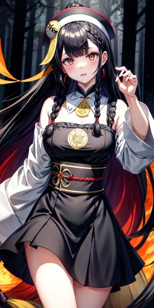 lora:flat:-1.2, masterpiece, best quality, 4k, 8k, 1 woman, solo, tall stature, long hair, blunt bangs, side braid, black hair, ugly face, bad face, bad eyes, droopy eyes, unclear eyes, ruby red eyes, lemon yellow eyes, pale skin, black eyeliner, black eye shadow, heterochromia, slender frame, sad, ofuda, jiangshi costume:1.2, fang, horror, coffin, forest, dark night, stormy weather, fog, from front, cowboy shot, look at viewer, paw pose,