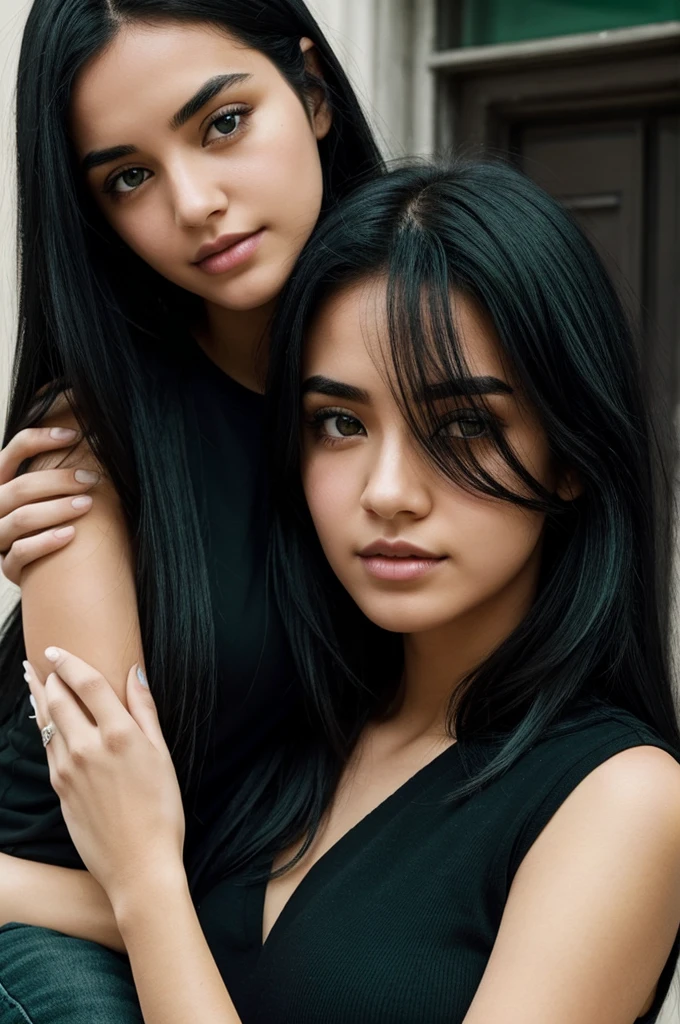 A green-eyed girl with half-white and half-black hair clinging to a woman wearing black clothing but without her face visible.