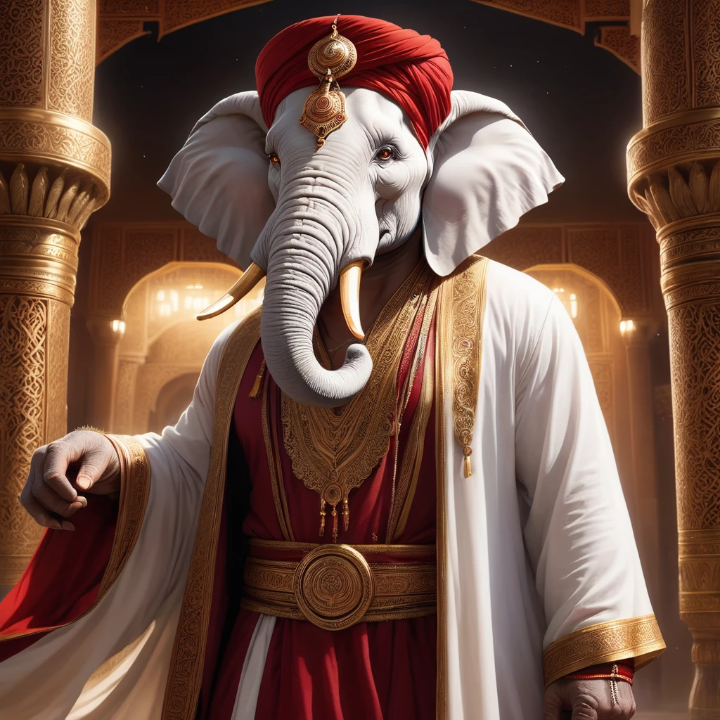 (1 white elephant-humanoid male with lightbody fur:1.5), solo, wearing arabic priest cloathing, red turban på hovedet, fullbody-image, facing viewers, detailed elephant cleric male, long beefy carved tusks, semi strong body, (smirk:1.1), (nose blush:1.1), (big yellow eyes:1.1), (hvid pels:1.1), beautiful detailed face, cinematic lighting, shot on canon 5d, 2 two perfect tusks, one perfect trunk, detailed background of an Arabic city bay, with a lighting storm in the horizon. No jewellery at all.