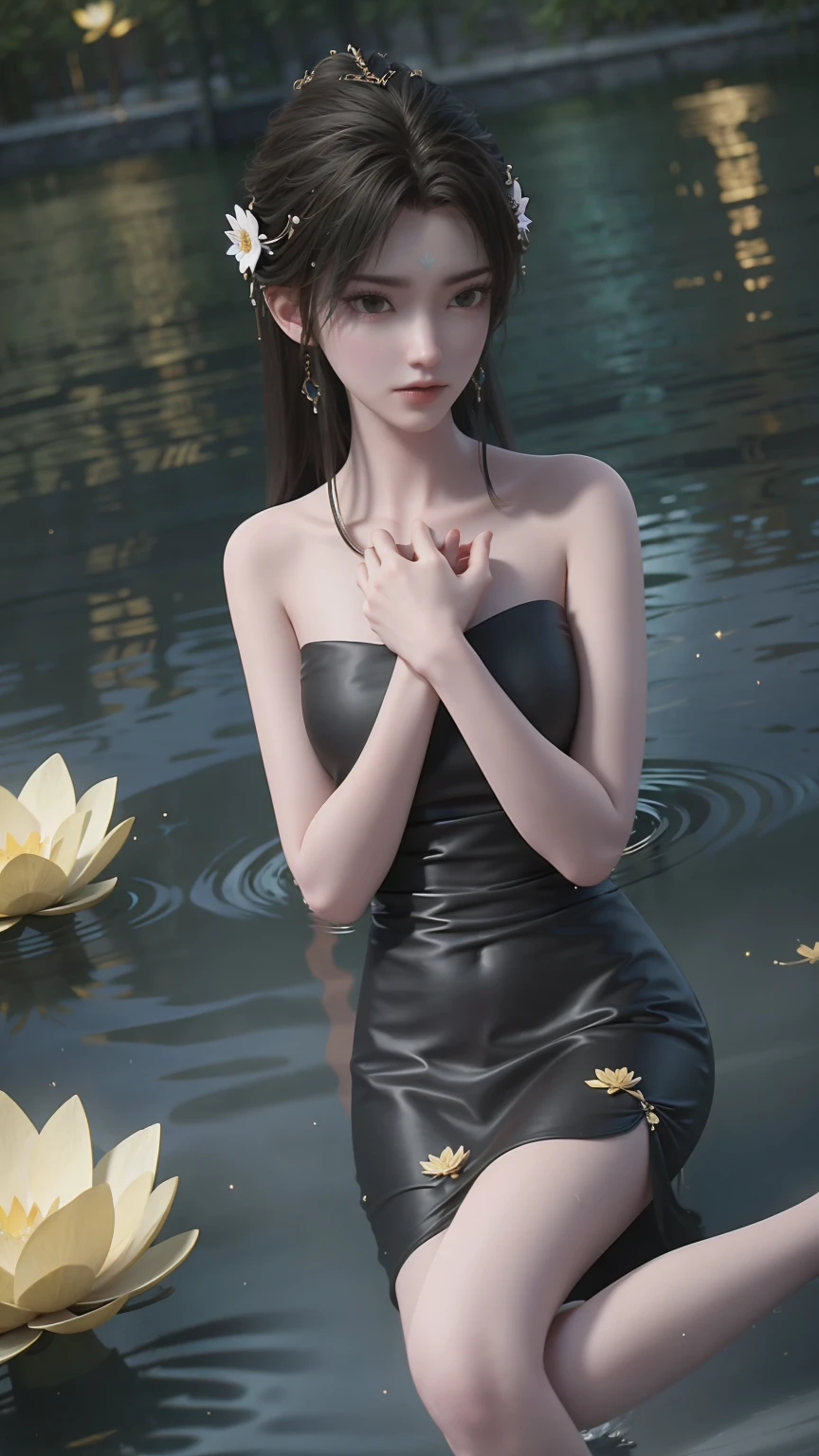 a beautiful woman bathing in a pond, water flowing around her shoulders, her hands covering her chest, golden glowing lotus flowers floating on the water surface, serene and peaceful atmosphere, highly detailed, 8k, photorealistic, masterpiece, chiaroscuro lighting, cinematic composition, dramatic contrast, warm color tones