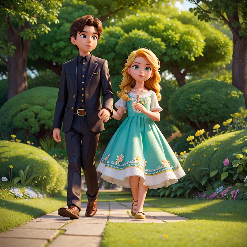 girl and boy in the flower park, 1girl 1boy, beautiful detailed eyes, beautiful detailed lips, extremely detailed face and features, long eyelashes, elegant hairstyles, charming expressions, lovely colorful outfits, playful poses, lush green garden, blooming flowers, sunlight filtering through trees, serene atmosphere, vibrant colors, photorealistic, 8k, best quality, highly detailed, intricate, cinematic lighting, dramatic shadows, vivid colors, magical realism