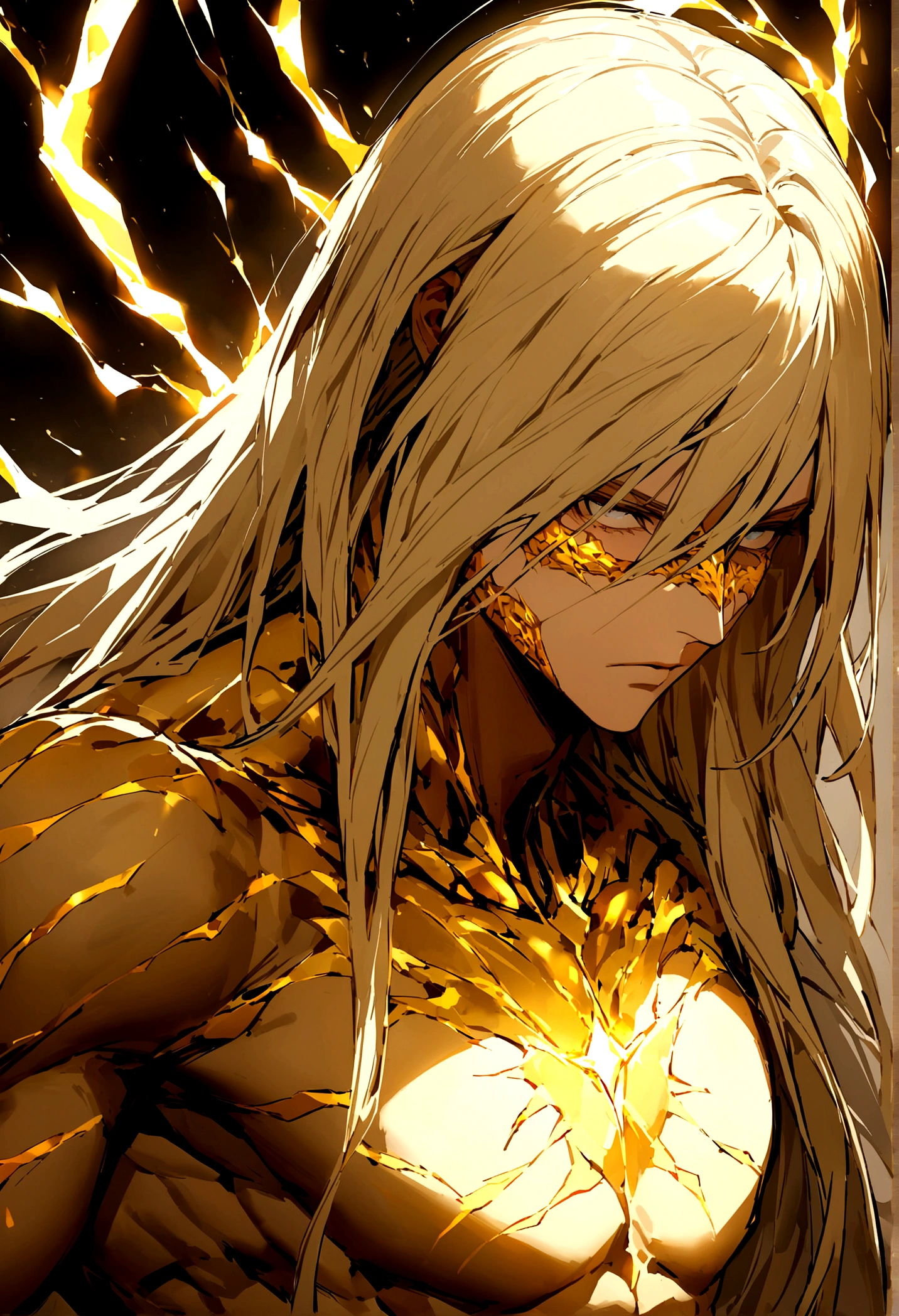 I want you to create the image of a being with golden energy white eyes full of energy, he has no lips or nose as the energy covered his entire face, He has long straight golden hair like his skin floating while an immense charge of golden energy sits on his toned body