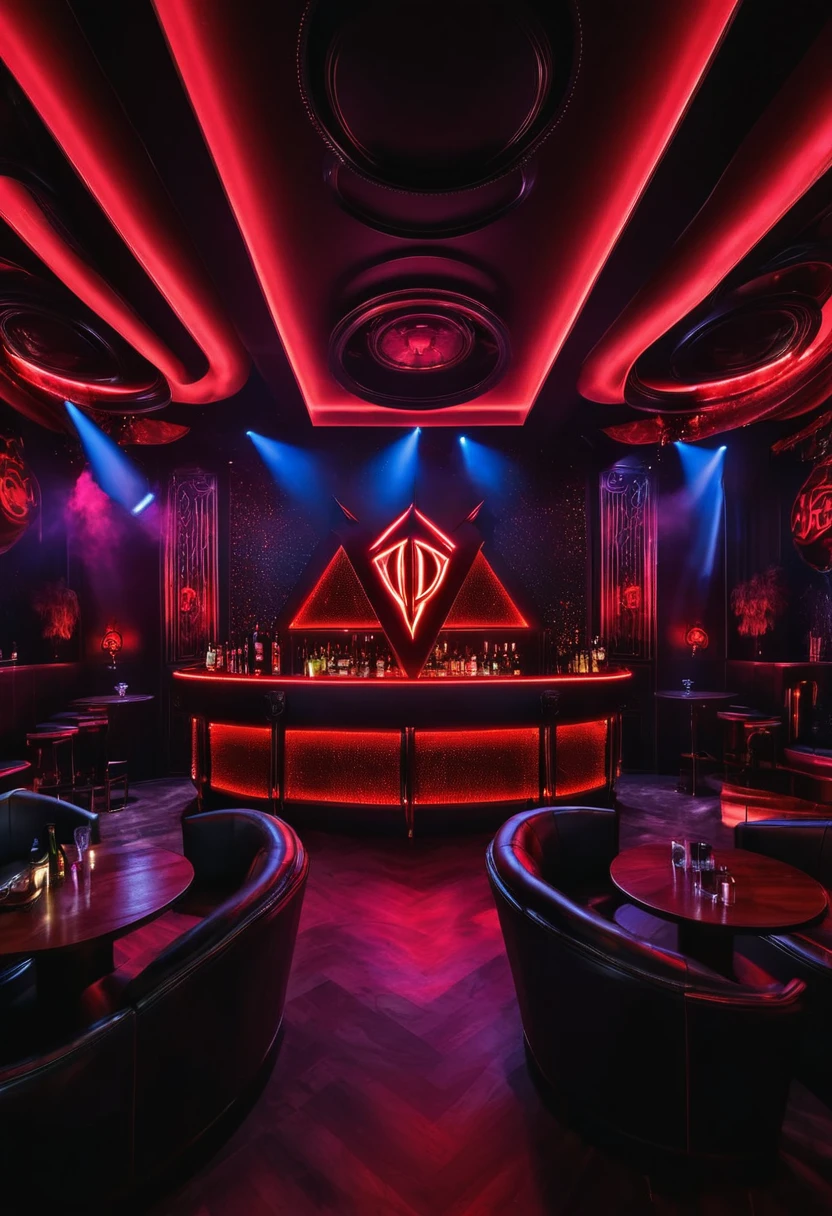 Outside the large luxurious nightclub with red lights and a large logo written diablo