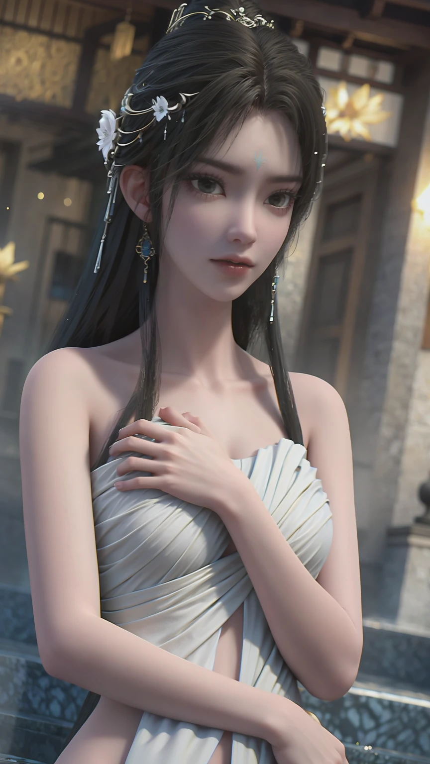A girl bathing in water，Showering above the shoulders while bathing in water，No clothes，Hold your hands to your chest，Cover your chest with your hands，Golden glowing lotus on the water