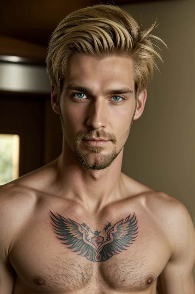 He is a tall man, blond, green eyes, short and long medium hair, pretty nose, nice goatee, pretty lips, ed, He has a phoenix tattoo on his chest. He is 29 years old and has American nationality.