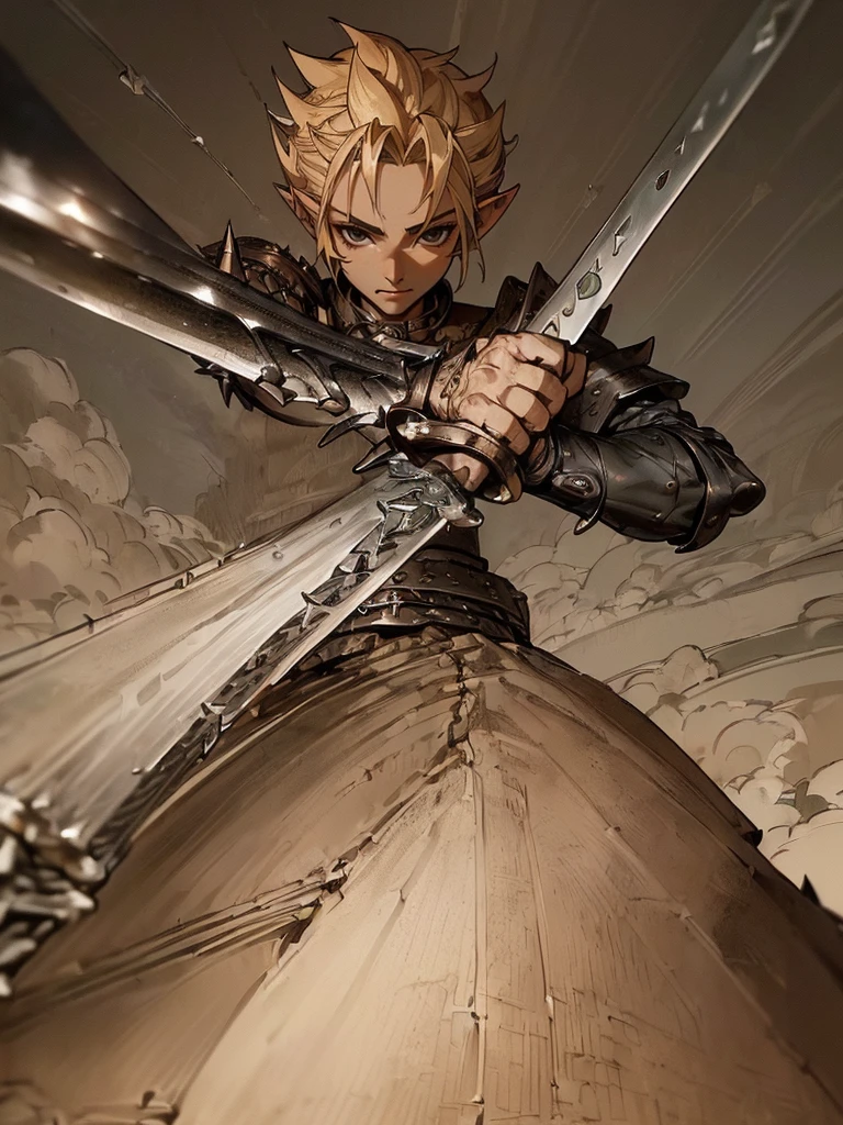 (((Masterpiece of the highest quality))), (((medieval fantasy))), (((Extreme details))), ((medieval fantasy swordsman)), ((based on cloud strife)), (medieval punk), ((fantasy great sword)), (((ultra detailed))), (((male))), ((male elf)), ((A 25 year old elf.))), (175 cm tall), ((blonde short spiky hair)), ((Brown eyes)), ((Exquisite and detailed face and eyes)), ((detailed expressive eyes)), ((Perfect eyes)), ((perfect detailed hands)), ((smiling rage expression)), ((medieval half steel half black letter armor)), ((holding a great broadsword in his hands)), ((detailed great sword)), (((4k))), ((Additional quality)), (Additional details), ((exquisite eyes)), ((dynamic battle pose)), ((battle Background)), ((cinematic lighting)), (((full body))), ((extreme care to detail)), ((movie effects)), (war zone background)