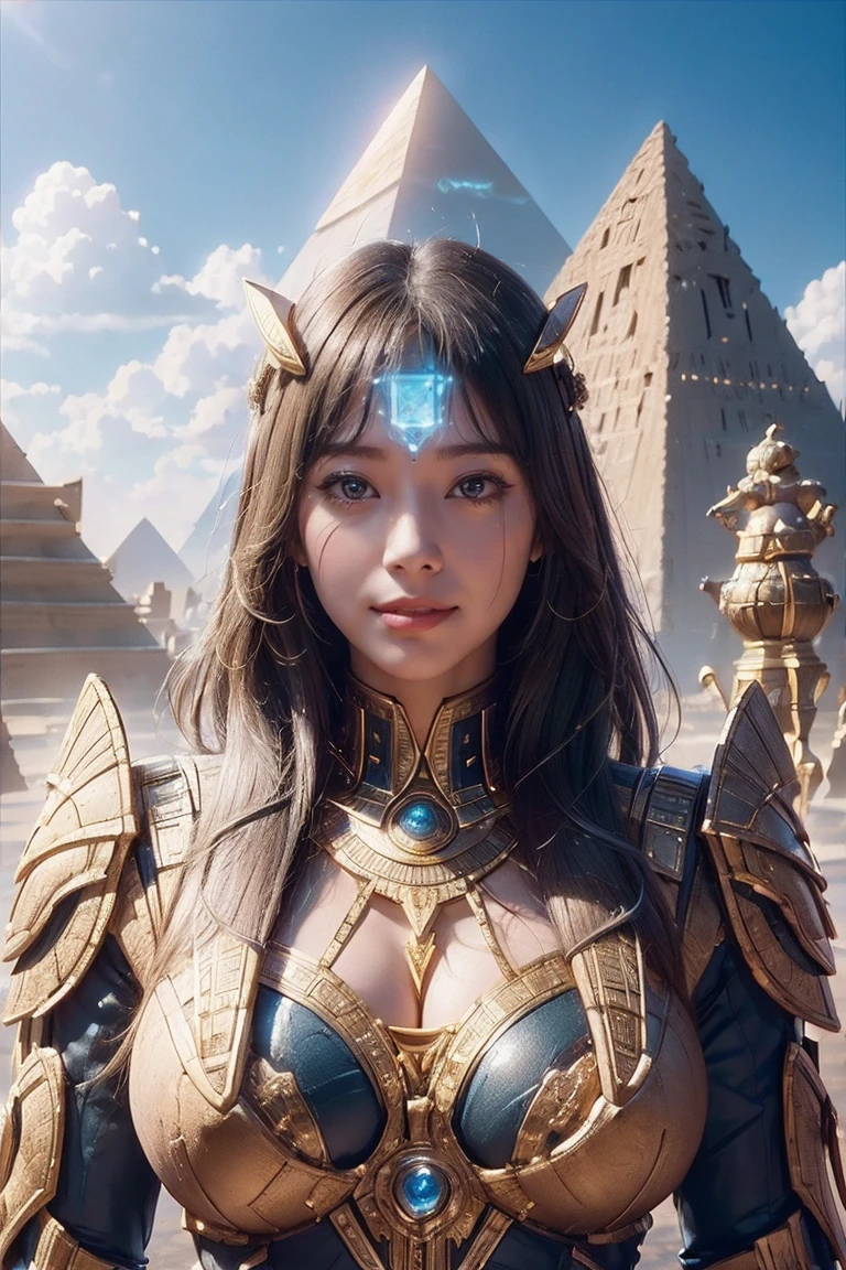 ((Highest quality、8K、masterpiece:1.3))、Realistic, Sharp focus, High resolution, High resolution, Portraiture, One person, woman, beautiful woman, sexy、プトを歩くエジプトのwoman戦士、Complex technology, Pyramids and ancient Egyptian cities far away、cyber-、Light and shadow、cyan light、