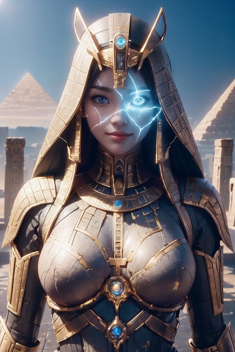 ((Highest quality、8K、masterpiece:1.3))、Realistic, Sharp focus, High resolution, High resolution, Portraiture, One person, woman, beautiful woman, sexy、プトを歩くエジプトのwoman戦士、Complex technology, Pyramids and ancient Egyptian cities far away、cyber-、Light and shadow、cyan light、