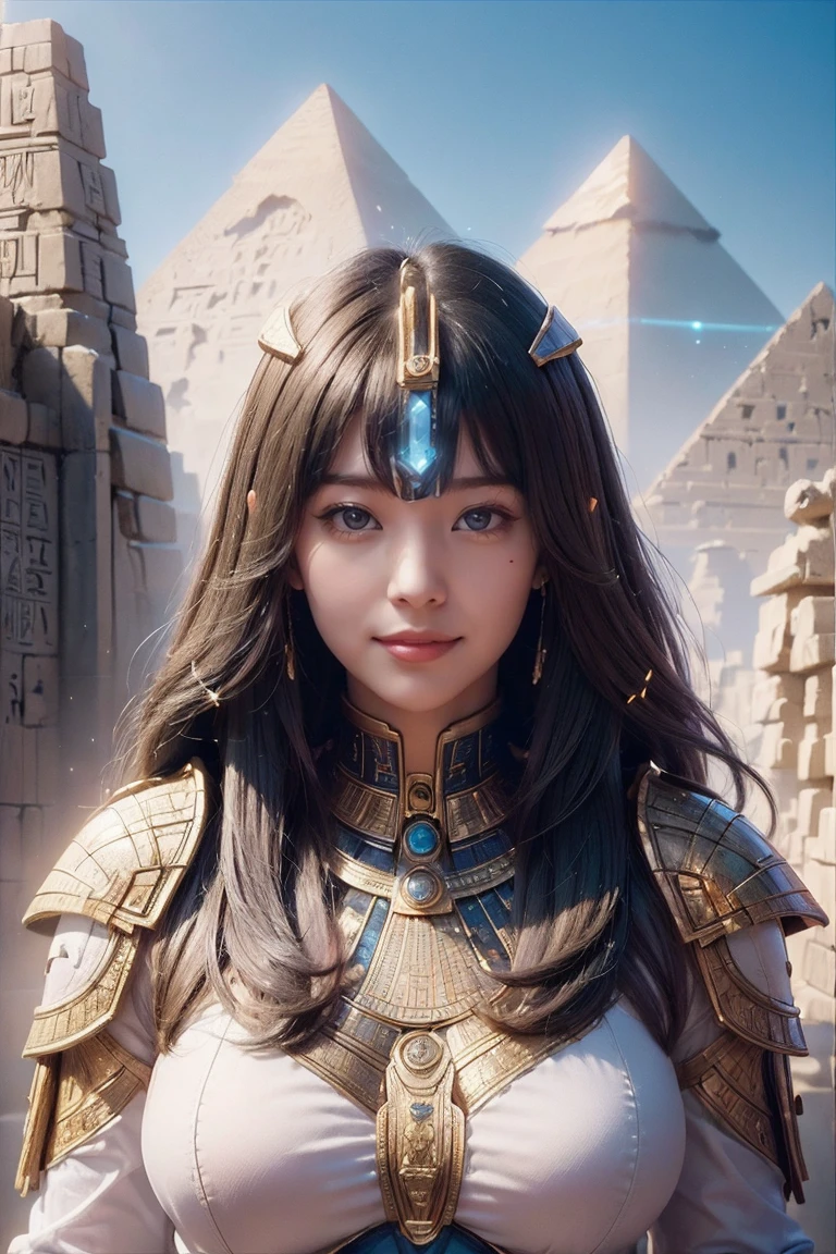 ((Highest quality、8K、masterpiece:1.3))、Realistic, Sharp focus, High resolution, High resolution, Portraiture, One person, woman, beautiful woman, sexy、プトを歩くエジプトのwoman戦士、Complex technology, Pyramids and ancient Egyptian cities far away、cyber-、Light and shadow、cyan light、