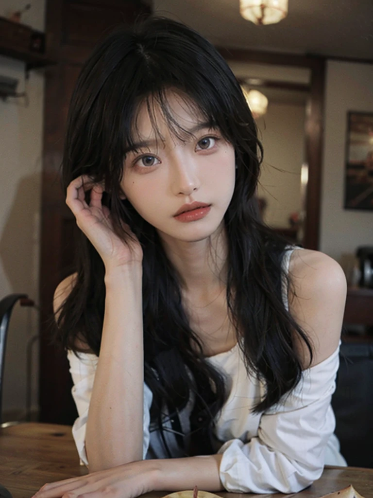 shoulder, length wavy hair, (beautiful detailed eyes),