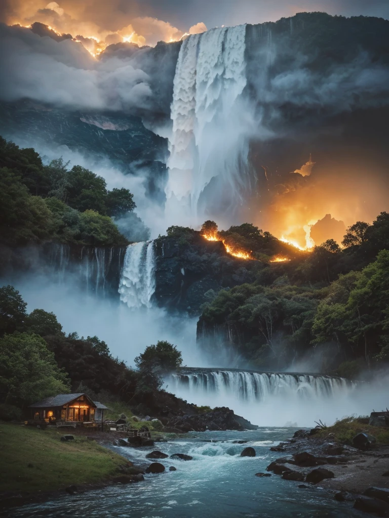 people swimming in a river near a waterfall in the woods, lakes and waterfalls, waterfalls and lakes, an endless waterfall, waterfalls in the background, with waterfalls, 2023, 2 0 2 3, incredibly beautiful, by Kristin Nelson, with trees and waterfalls, f4.5, multiple waterfalls, with waterfalls and river, ( visually stunning, arafed house in a field with a large plume of smoke coming out of it, thunderstorm and fire, photo epic of the year, winner of the year's best photo, houses on fire, amazing volcanic eruption, house on fire, explosive storm, during a storm, apocalyptic event, harrowing apocalyptic atmosphere, fire from sky, building on fire, national geographic photo”