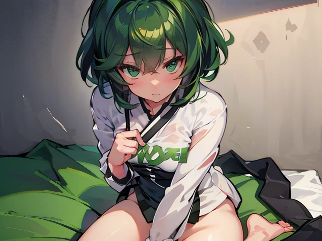 Create an ultra-detailed, best quality, high-resolution masterpiece sitting on bed with legs wide open, no pants, sweating, blush, perfect shadows, high quality shading, photorealistic, Green hair, fukua, Full HD, high quality, 4K