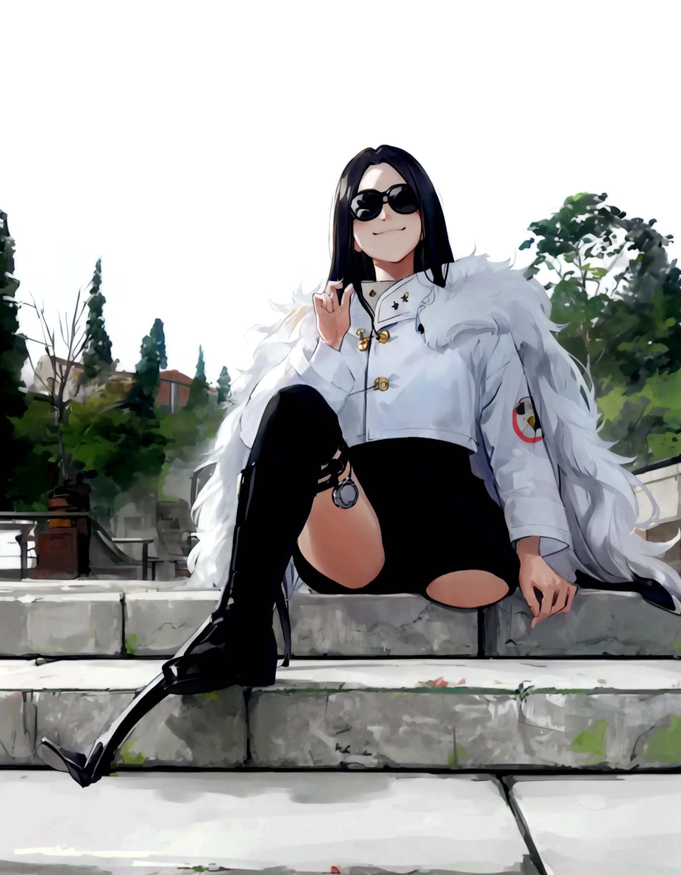 ,Hair intake,poker face, Smile,Leg strap, sunglasses,Mink coat,Boots,shorts