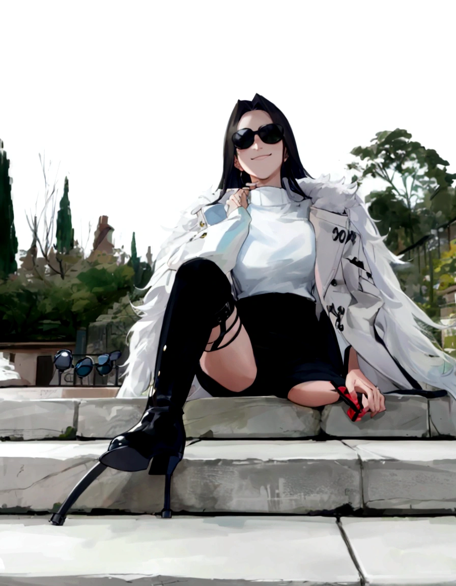 ,Hair intake,poker face, Smile,Leg strap, sunglasses,Mink coat,Boots,shorts