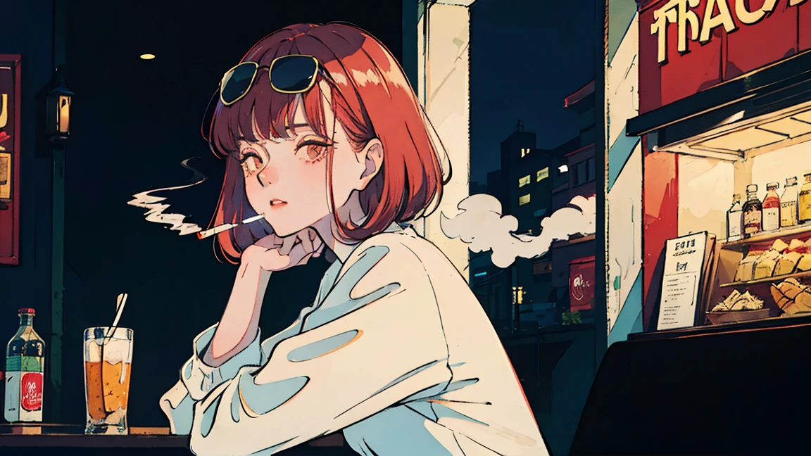 Beautiful redhead Asian girl sitting in a restaurant at night, Visible from the window, Perfect Face, sunglasses, Smoking white Taylormade cigarettes, Neon Black, (Backlight: 1.1), Hard Shadows, masterpiece, Highest quality, Complex, Model shooting style, Vintage, Film Grain, Incomplete details
