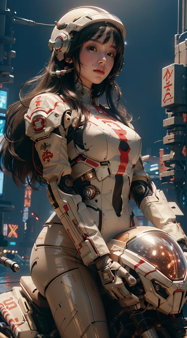 Best image quality, Excellent details, Ultra-high resolution, (realism: 1.4), Best illustrations, Favorite Details, Very condensed one girl, Delicate and beautiful features, Wearing a red and white mecha, Wearing a mecha helmet, Hold the directional controller, Riding on motorcycle, The background is a futuristic city high tech lighting scene.