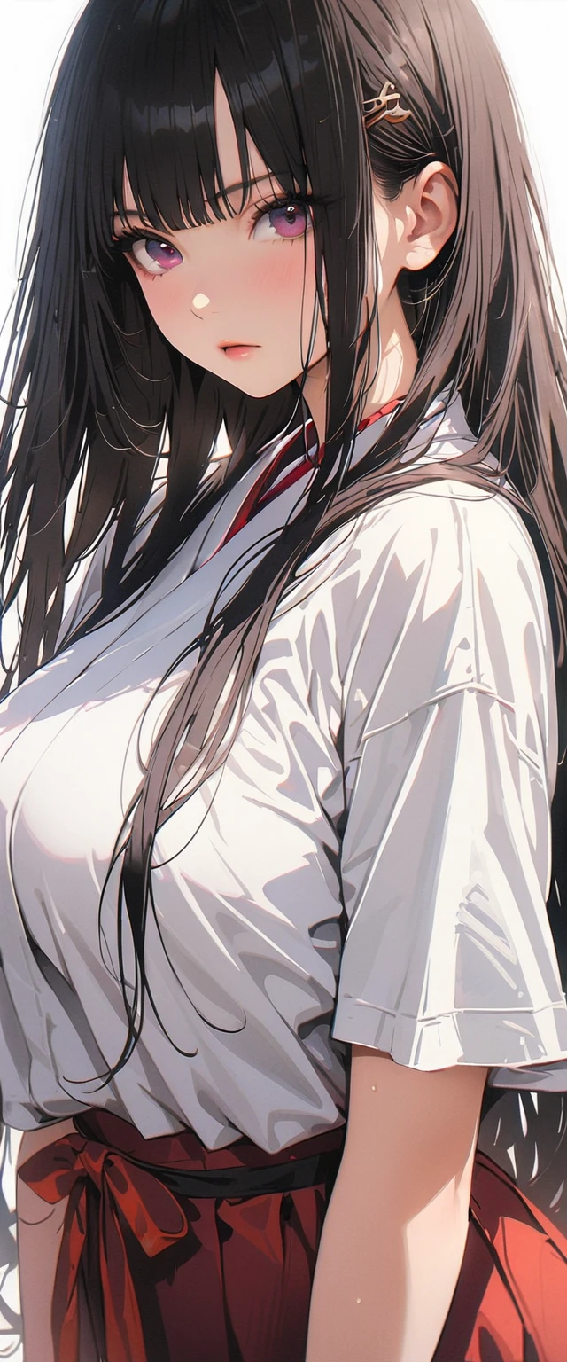 20 years old,1 mature woman,hyperrealistic, 8k, (extremely detailed 8k), (very delicate and beautiful), (masterpiece), (better quality:1.0), (ultra high resolution:1.0), (masterpiece, best quality),cute,black hair,cowboy shot,white background,realistic skin,model posing,big breasts,expressionless,hime cut,black nail,extra long hair,japanese shrine miko