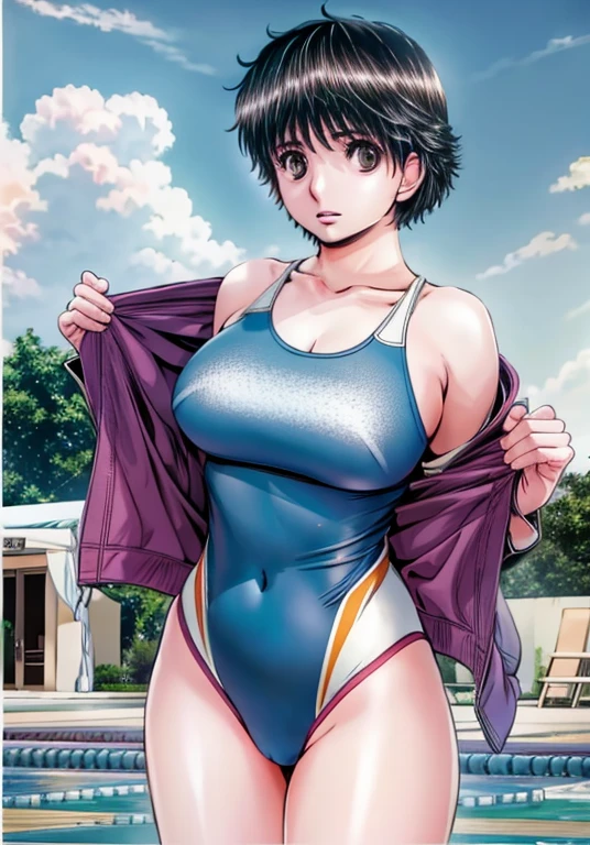 A boyish, short-haired, busty, beautiful-legged woman is standing by the pool in a competitive swimsuit.。Chest up。