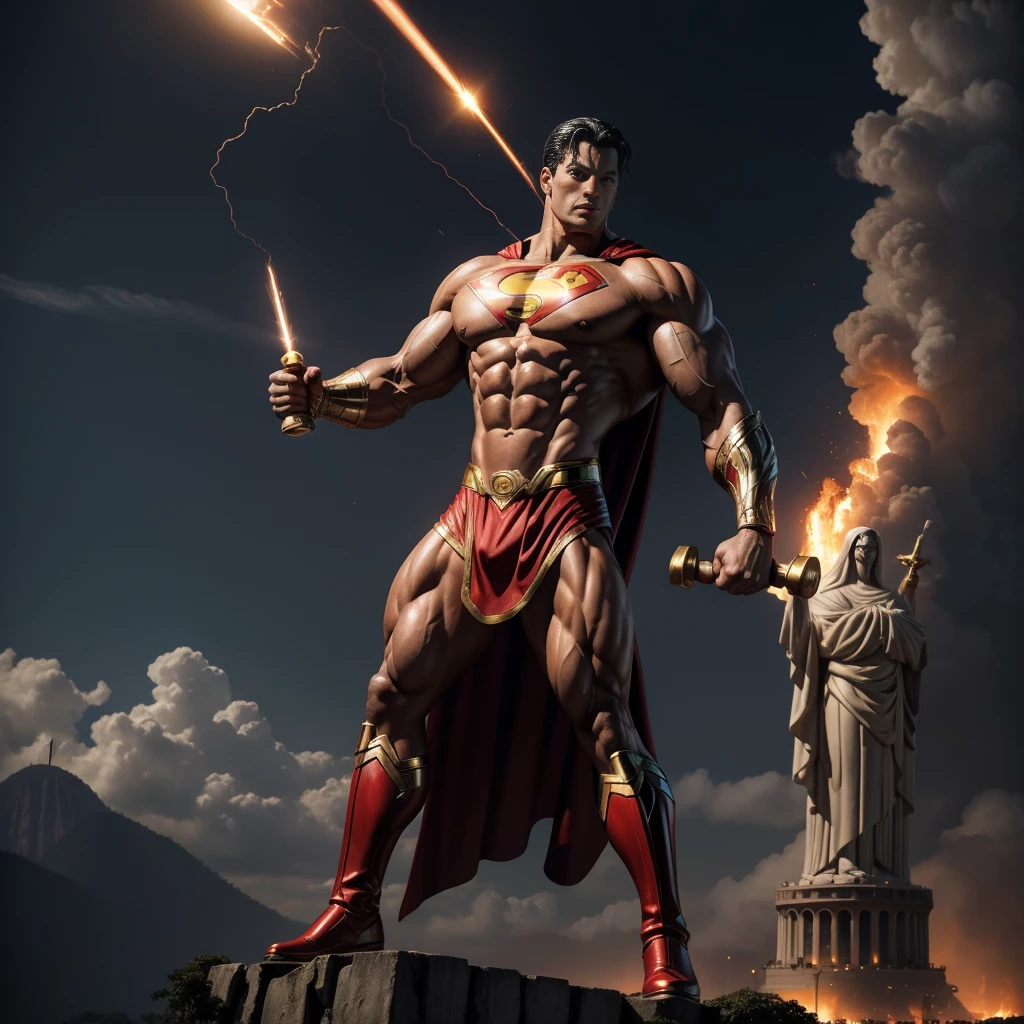 Image of muscular DC COMICS Superman, human body, human anatomy, holding a dumbbell with his right hand, left hand closed, costume identical to that of DC COMICS, with cyborg details, showing full body, perfect face, perfect boots, laser beams coming out from your eyes, highly detailed, super definition, 8k, showing the statue of Christ the Redeemer in the city of Rio de Janeiro January in flames. Cinematic image.
