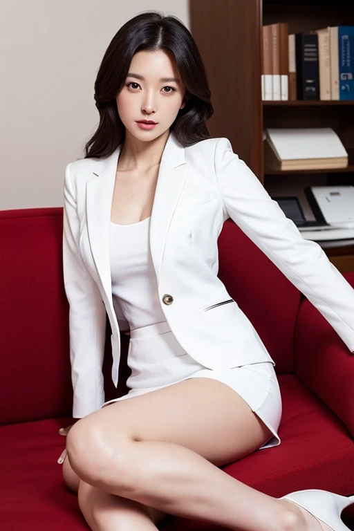 masterpiece, Highest quality, High resolution, Full body image:1.3, Natural Rouge, beautiful balanced eyes, Anatomically beautiful fingers, A sensual Japanese woman is sitting on a sofa in her office, sexual expression, Very thin legs, I see red panties:1.3, ((Very thin legs, Very thin thighs):1.2), Wavy Long Hair, (((Wearing a white office suit and a white skirt:1.3, Wearing stiletto heels:1.3, Wear a white shirt under your suit):1.3), ((The jacket&#39;s buttons are closed, Shirt buttons are open, No bra is worn):1.4))