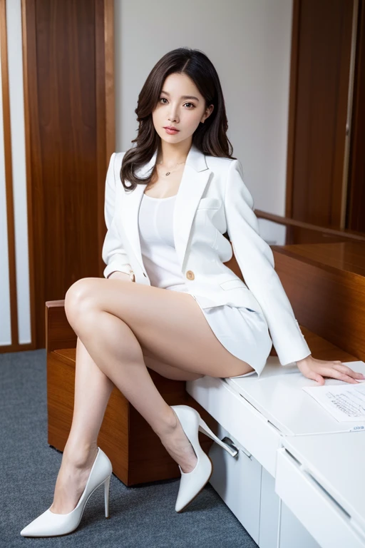 masterpiece, Highest quality, High resolution, Full body image:1.3, Natural Rouge, beautiful balanced eyes, Anatomically beautiful fingers, A sensual Japanese woman is sitting on a sofa in her office, sexual expression, Very thin legs, I see red panties:1.3, ((Very thin legs, Very thin thighs):1.2), Wavy Long Hair, (((Wearing a white office suit and a white skirt:1.3, Wearing stiletto heels:1.3, Wear a white shirt under your suit):1.3), ((The jacket's buttons are closed, Shirt buttons are open, No bra is worn):1.4))